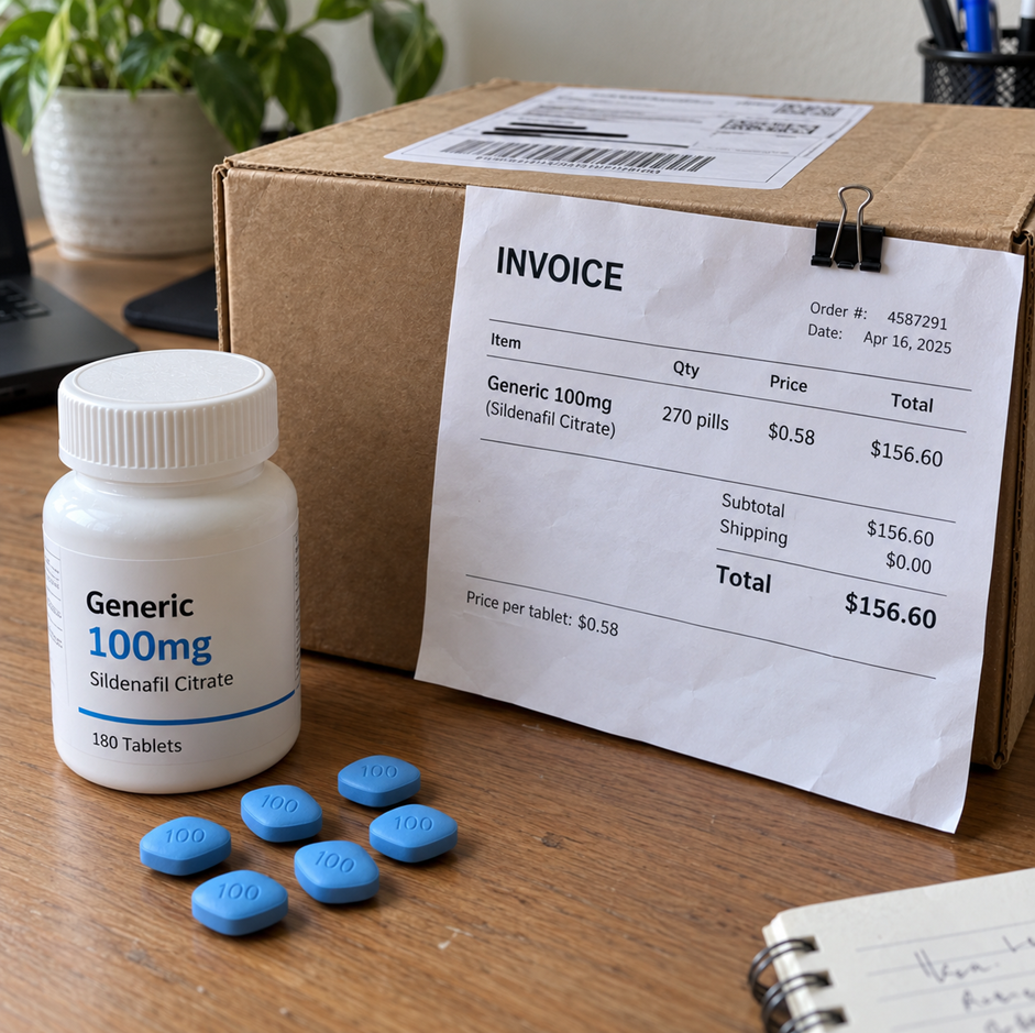 Generic sildenafil bottle, tablets and shipping invoice
